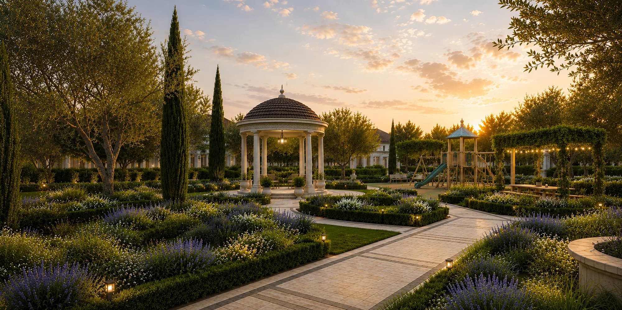 Domed gazebo among lavender beds and cypress trees, with the play area beyond