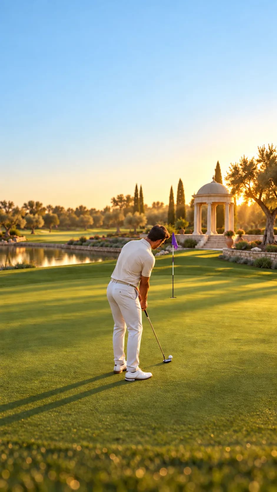 A golfer on the putting green at sunset, the lake and a gazebo behind