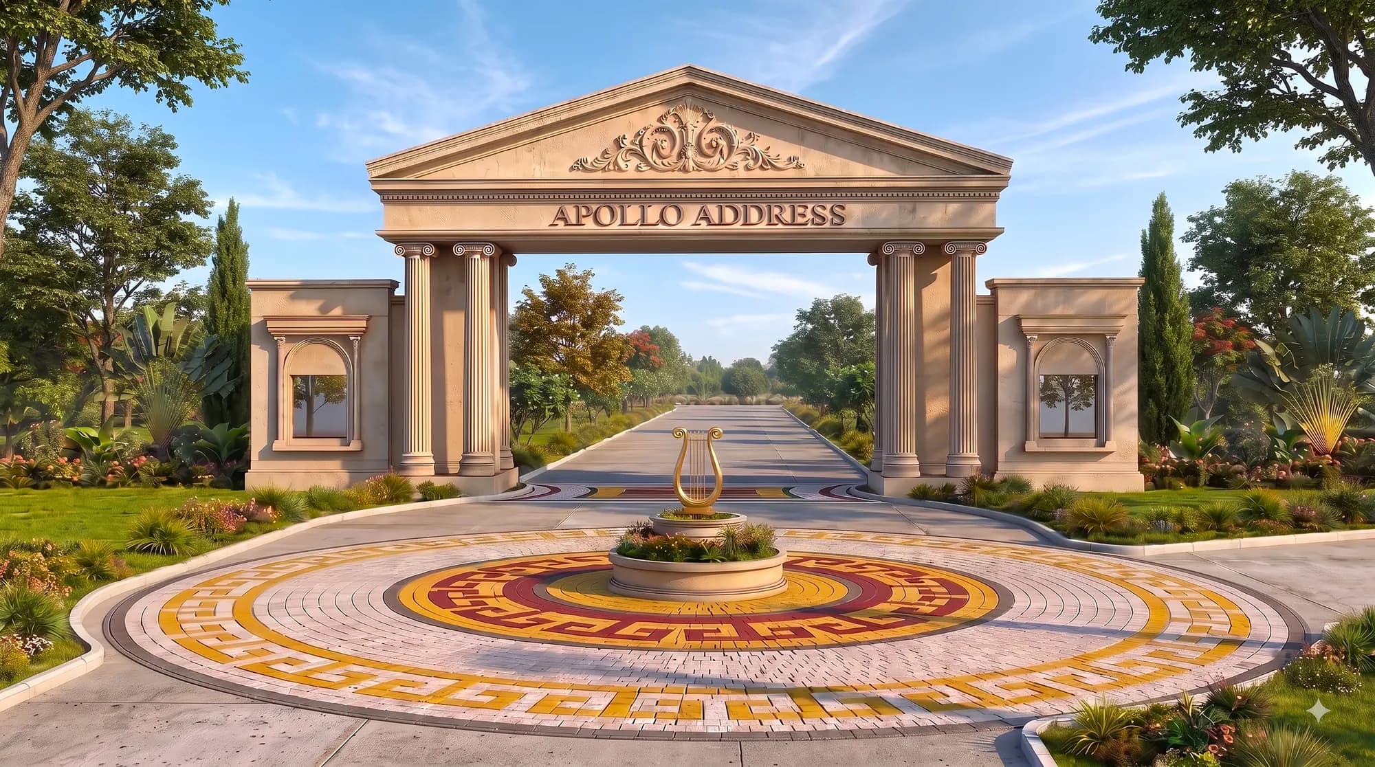 Ionic-columned entrance arch reading "Apollo Address" above a circular mosaic plaza