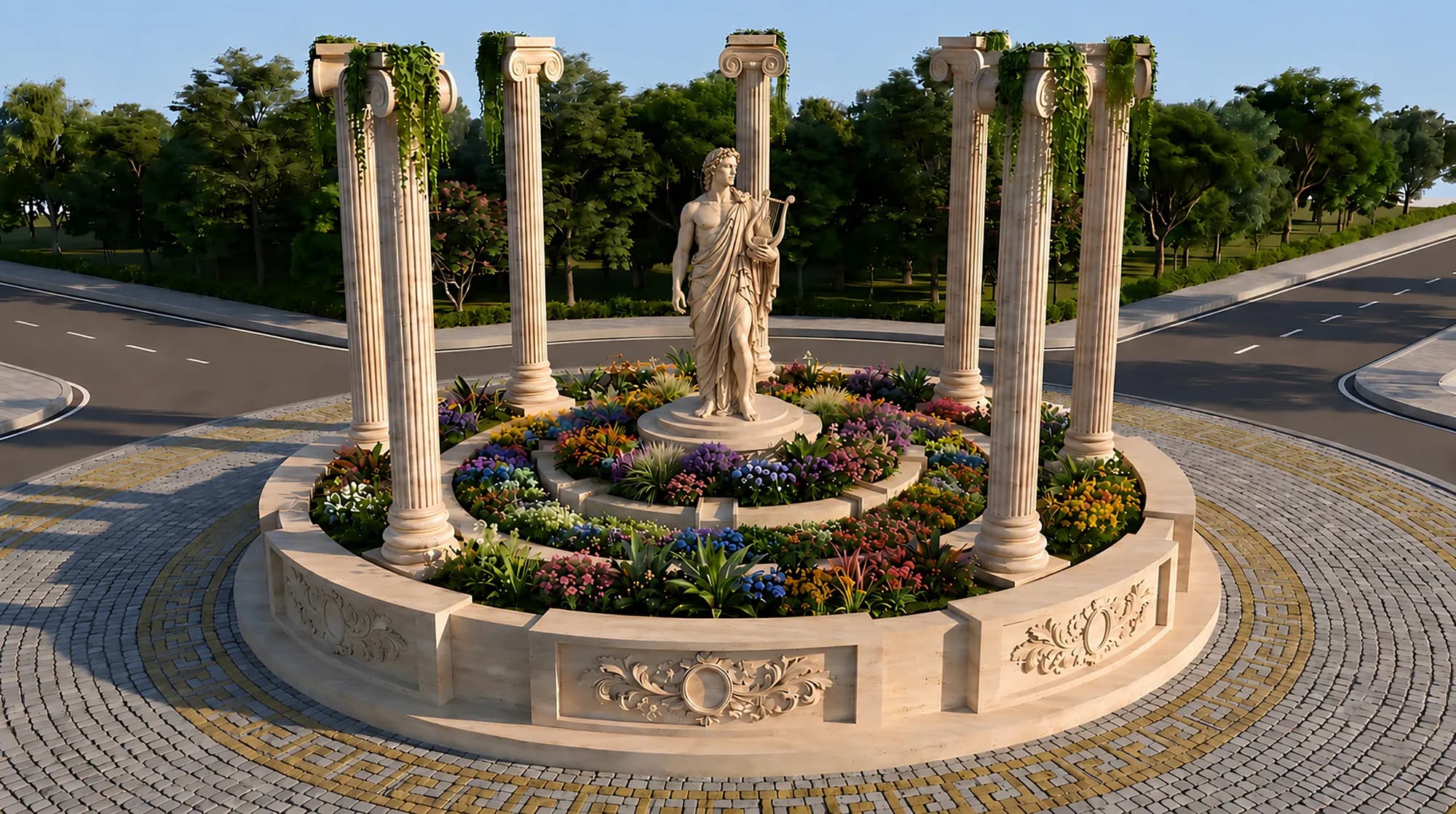 Statue of Apollo with his lyre, ringed by Ionic columns and flower beds at a road junction