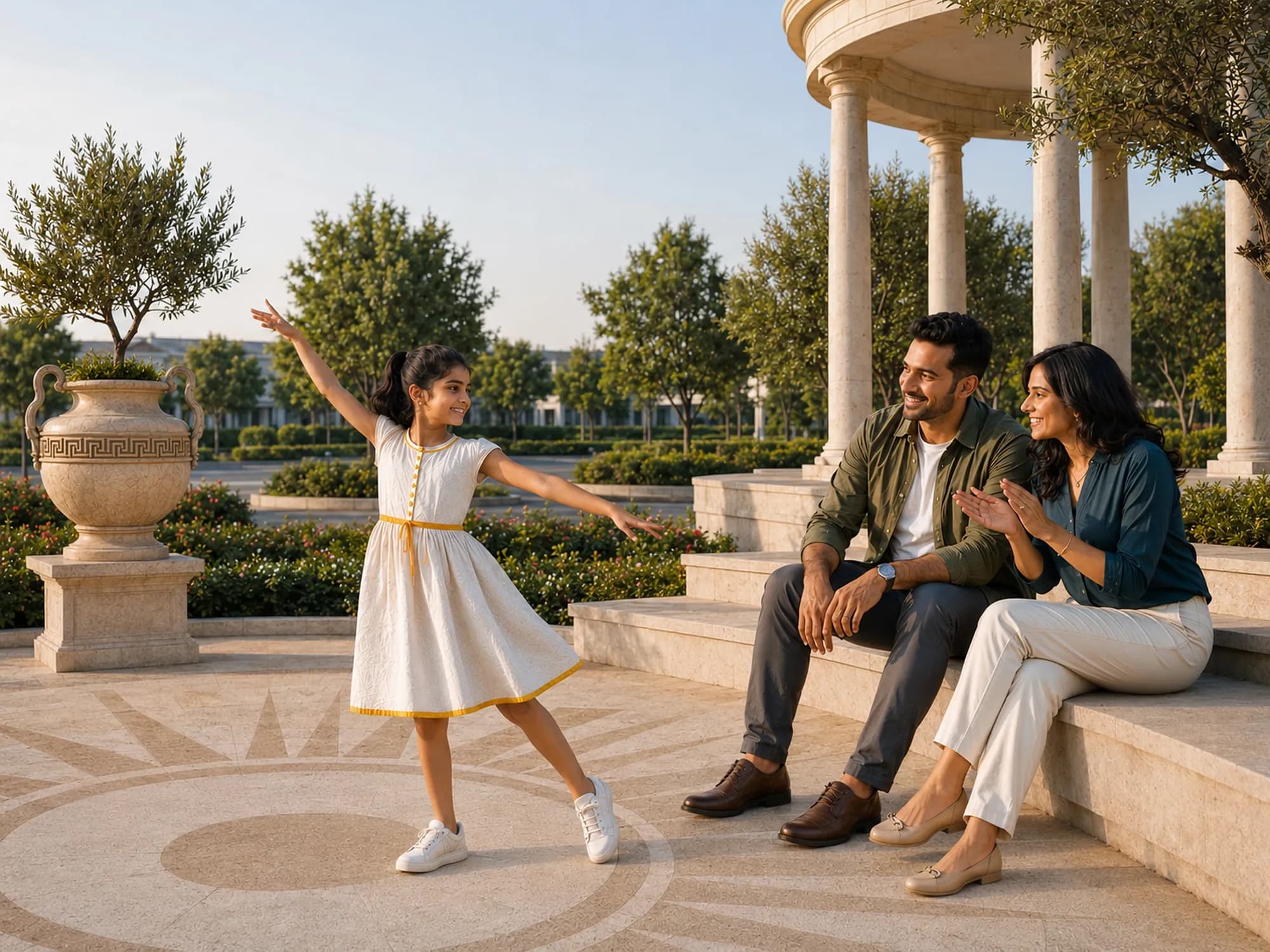 A family at a colonnaded pavilion, a child dancing on the sunburst mosaic