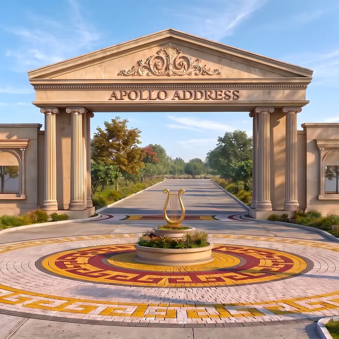 The Grand Entrance at Apollo Address: an Ionic-columned arch over a mosaic plaza with a golden lyre at its centre