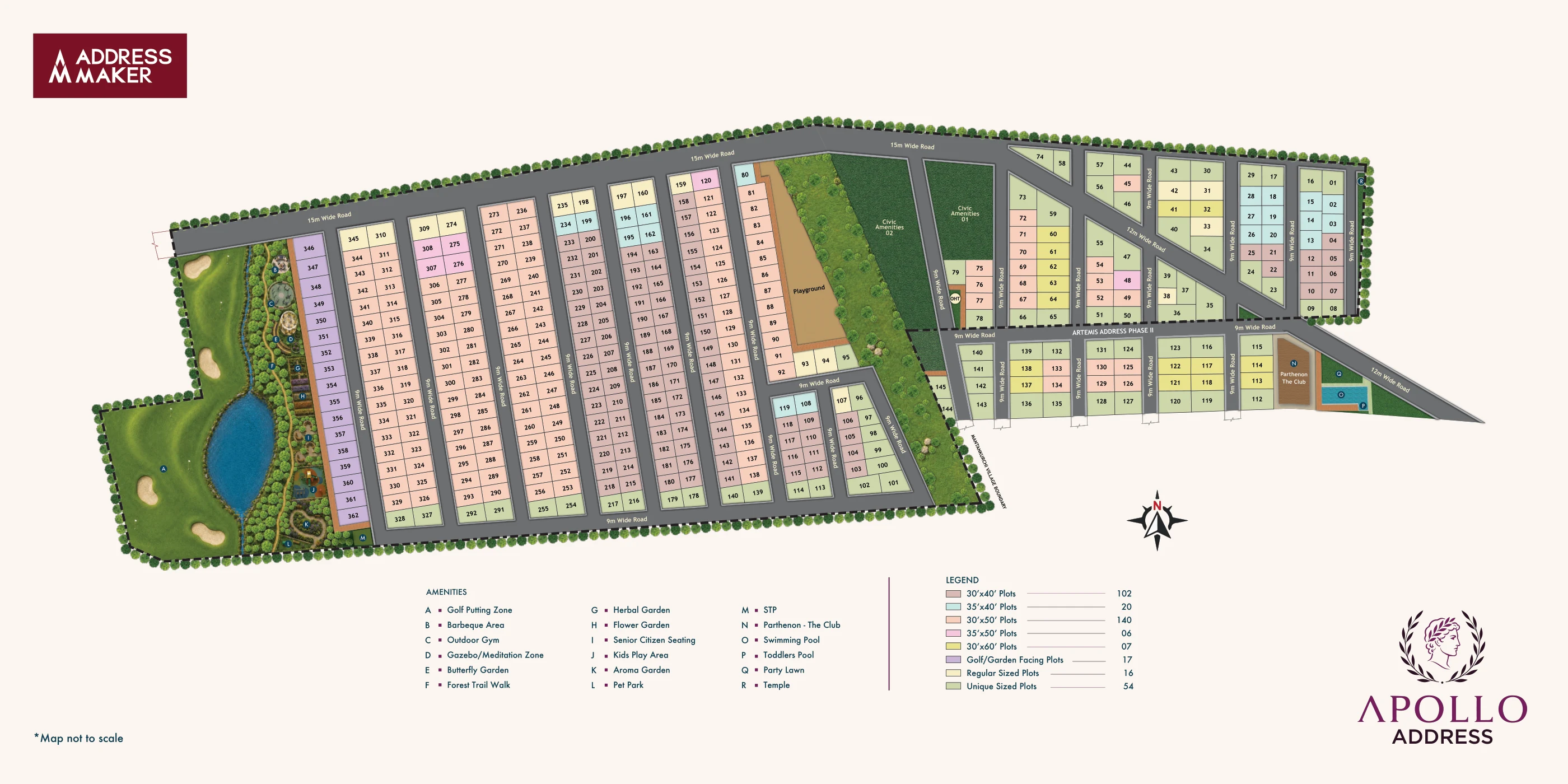 Master plan of the Apollo Address layout off Nelamangala Road, with the golf putting greens and lake to the west and Artemis Address Phase II adjoining to the east
